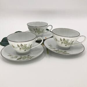 Vintage 3 Set Noritake White Green Floral Daisy Soroya 6853 Tea Cups & Saucers